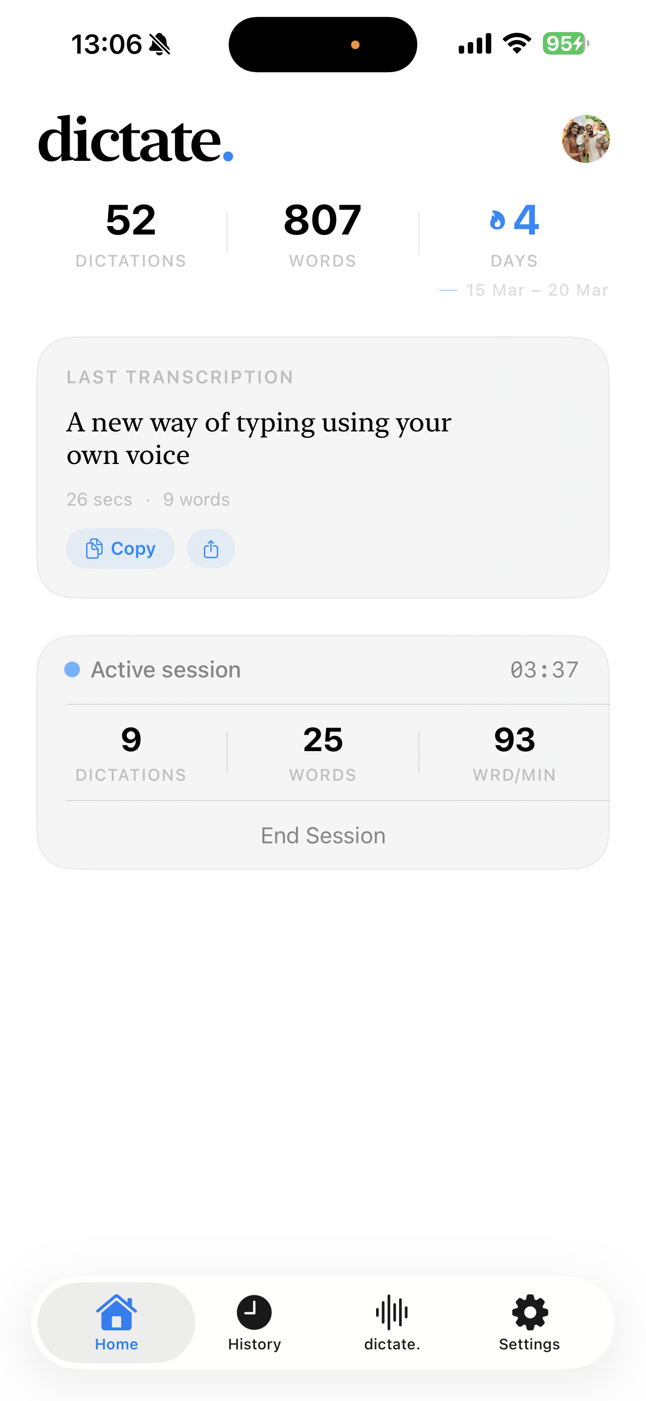 Home — transcription stats and session control