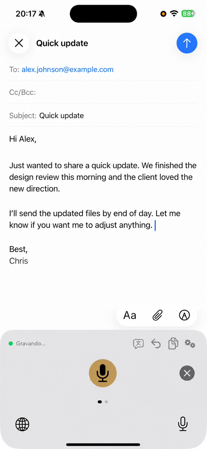 Mail — composing email with voice dictation