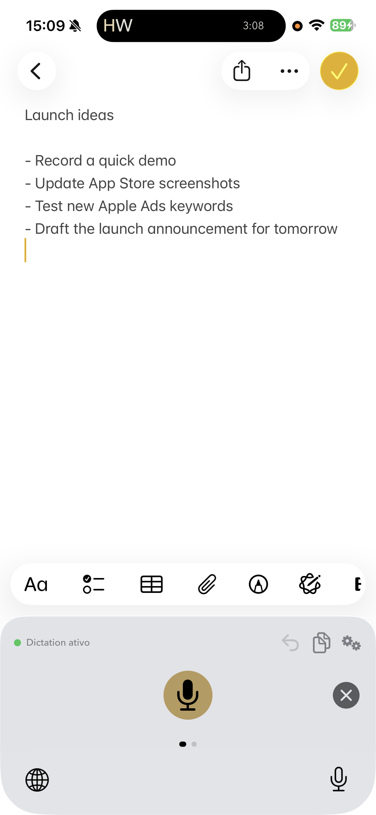 Notes — dictating a list into Apple Notes